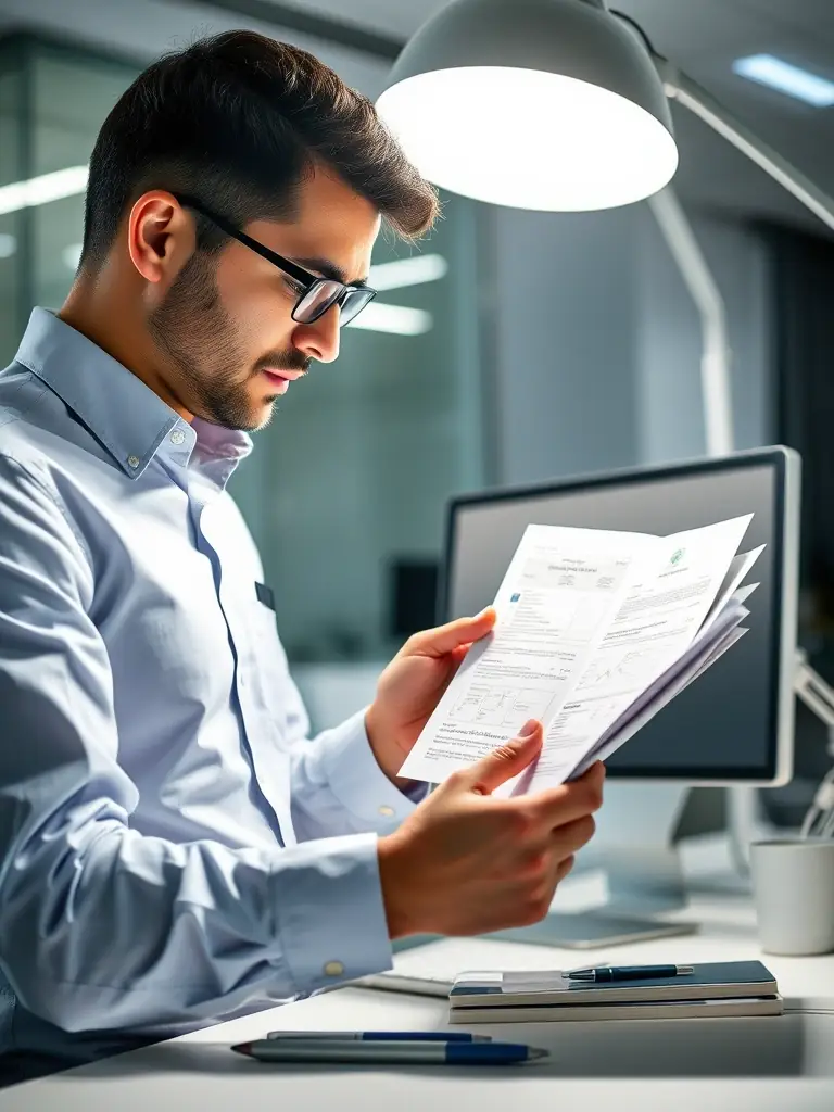 A consultant reviewing a client's passport and travel documents under a bright lamp, symbolizing thorough document verification.