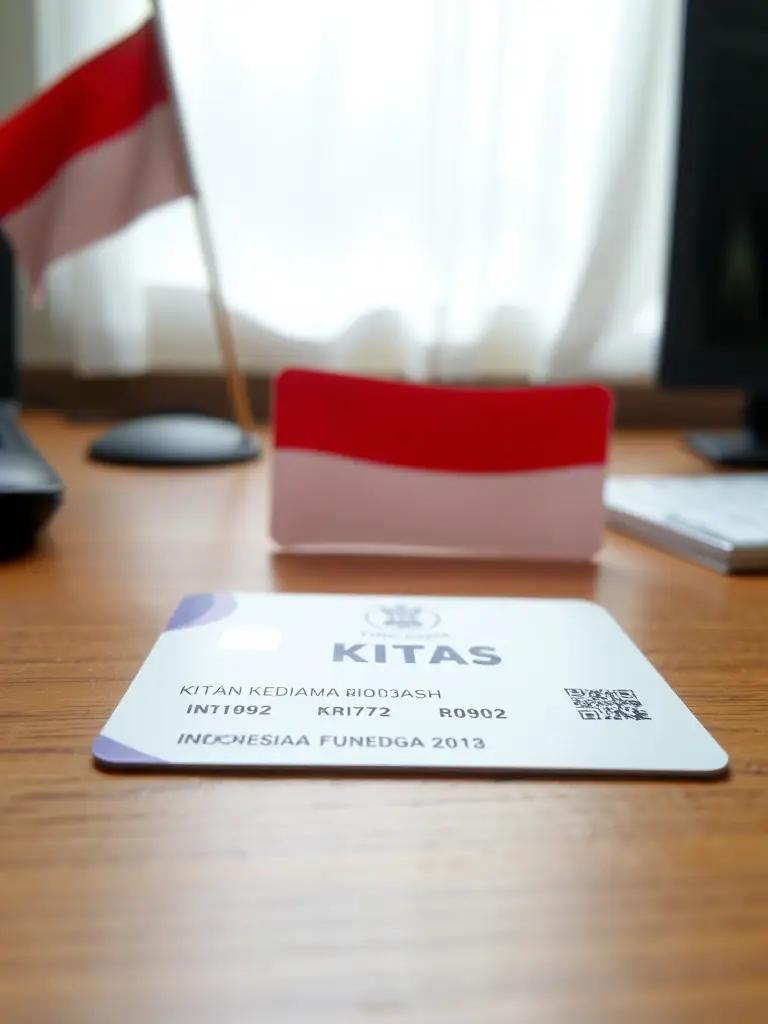 A professional photo of an Indonesian KITAS (Temporary Stay Permit) card, clearly showing the card details and design, placed on a desk with Indonesian flag in the background.