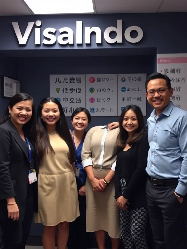 A diverse team of VisaIndo staff members speaking different languages, assisting clients from various countries.