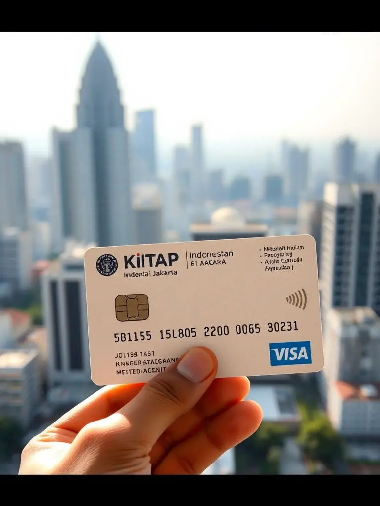 A high-quality image of an Indonesian KITAP (Permanent Stay Permit) card, highlighting its official features, with a blurred Indonesian cityscape in the background.