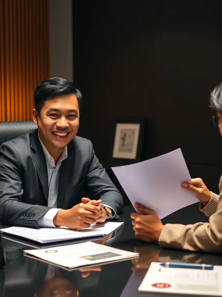 A professional Indonesian immigration consultant assisting a client with their visa application, showcasing expertise and personalized service.
