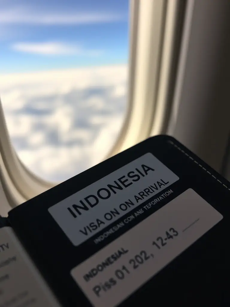 A photo of an Indonesian Visa on Arrival (VOA) sticker inside a passport, with a focus on the visa details and entry stamp, with an airplane window in the background.