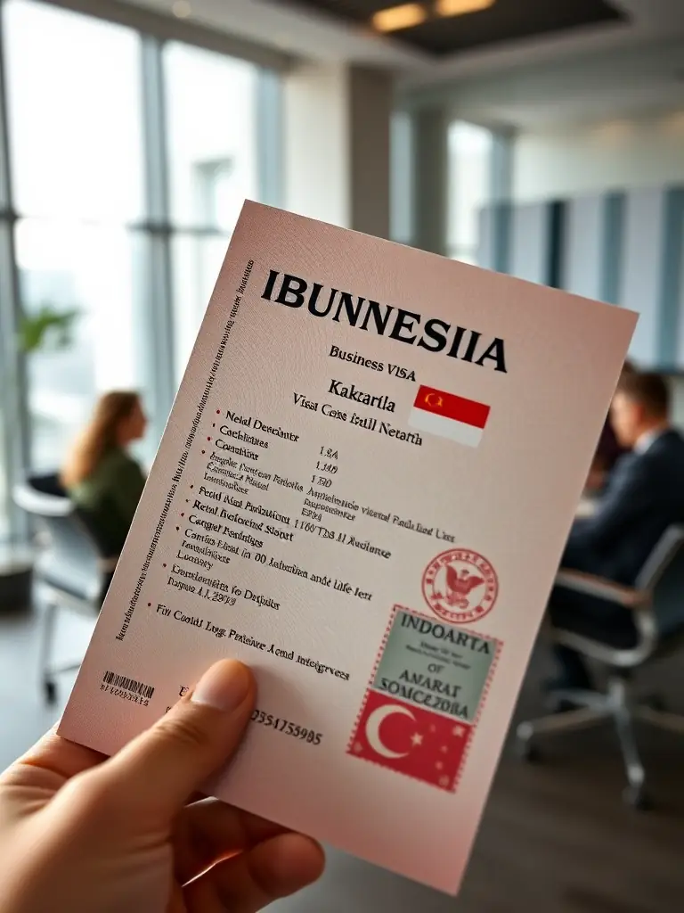 A professional shot of an Indonesian Business Visa, showcasing the visa document with a subtle background of a business meeting in Jakarta.