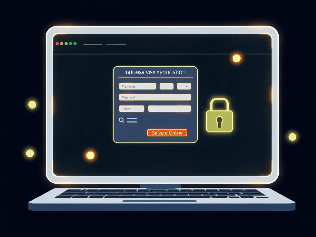 A digital illustration of an Indonesian visa application being submitted online through a secure portal.