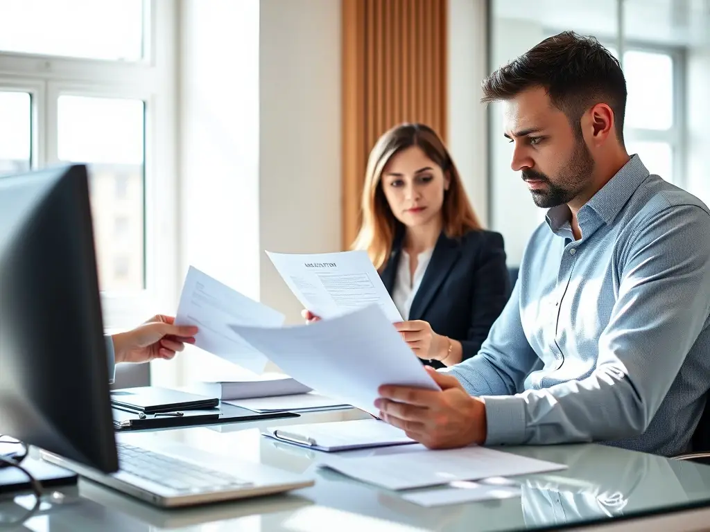 An image showing a client consulting with a visa specialist over documents and a computer screen displaying a visa application form.