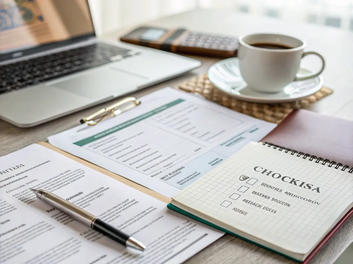 A meticulously organized desk with various Indonesian visa application forms and supporting documents neatly arranged.