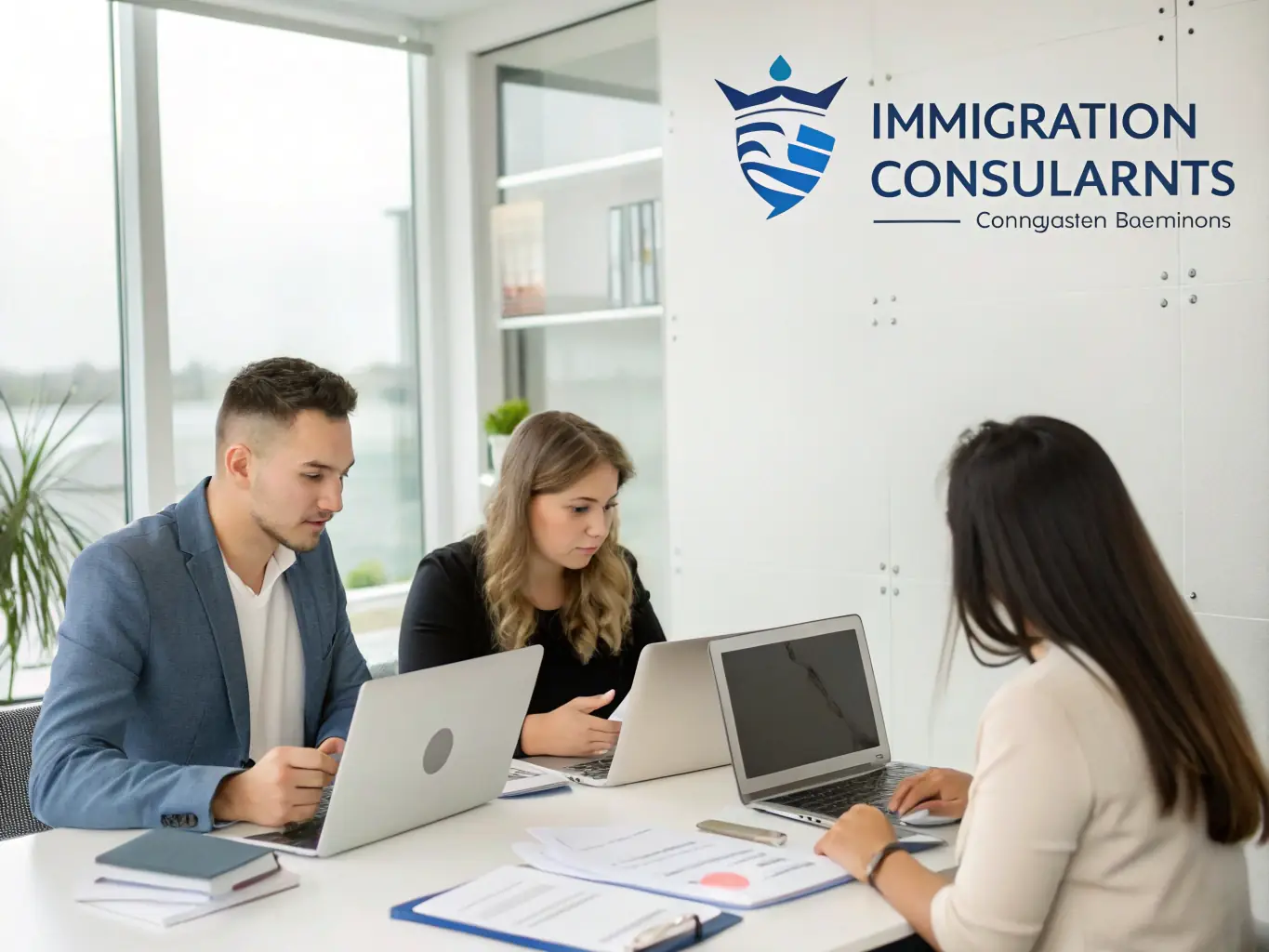 An image of a diverse team of VisaIndo consultants collaborating on immigration cases in a modern office setting.