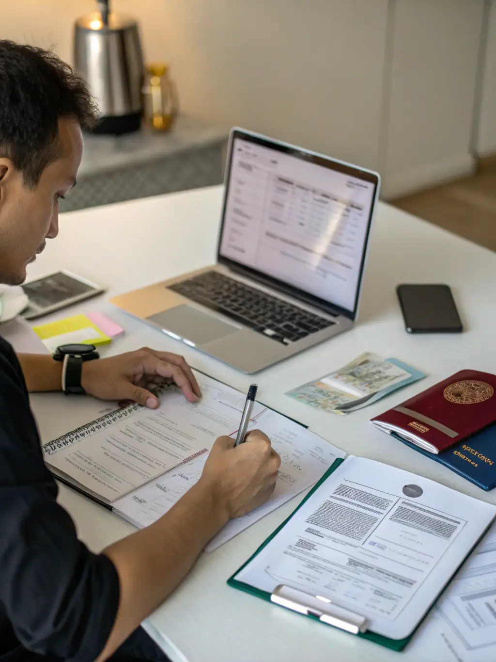 A person filling out an Indonesian visa application form with a pen, with various supporting documents neatly arranged on the table, emphasizing attention to detail.